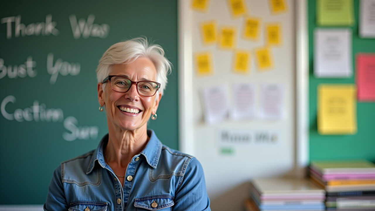Professora sorrindo cercada por mensagens de agradecimento na parede.