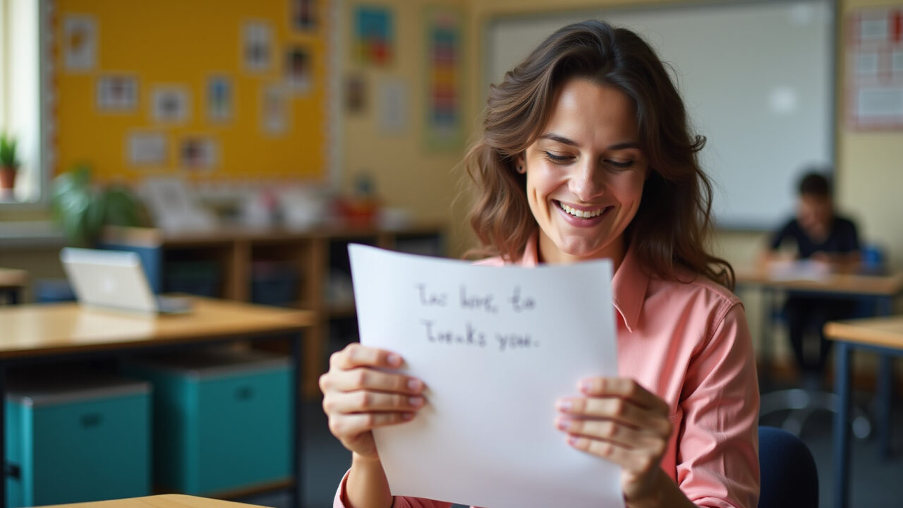 Professora lendo carta de agradecimento emocionada.