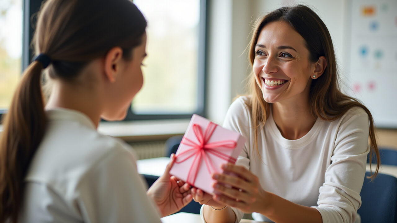 Professora recebendo presente artesanal de aluno com sorriso genuíno.