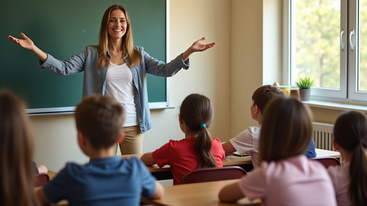 Professora de braços abertos acolhendo alunos no Dia do Professor.