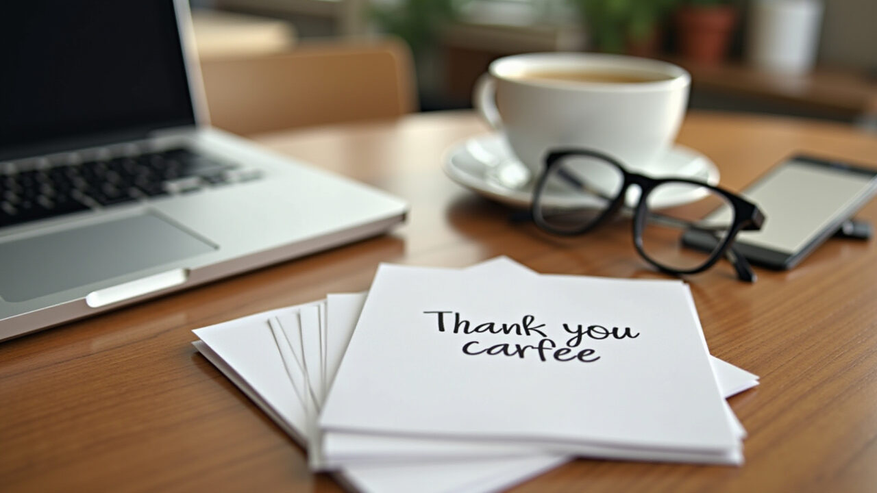 Mesa de professora com cartões de agradecimento e café brasileiro.
