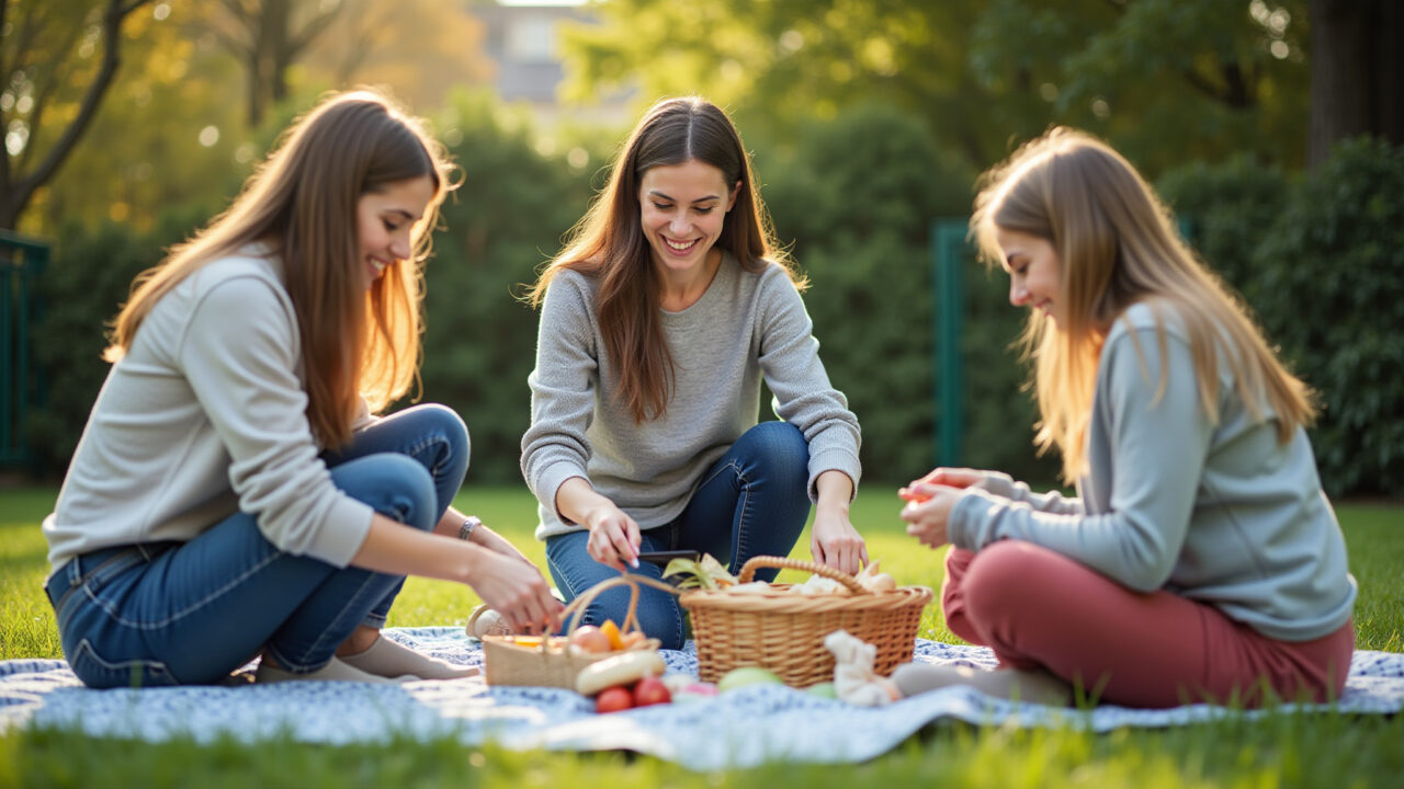 Teachers preparing a picnic in the schoolyard, setting up blankets and food, professional Professoras preparando piquenique no pátio da escola para o Dia das Crianças.