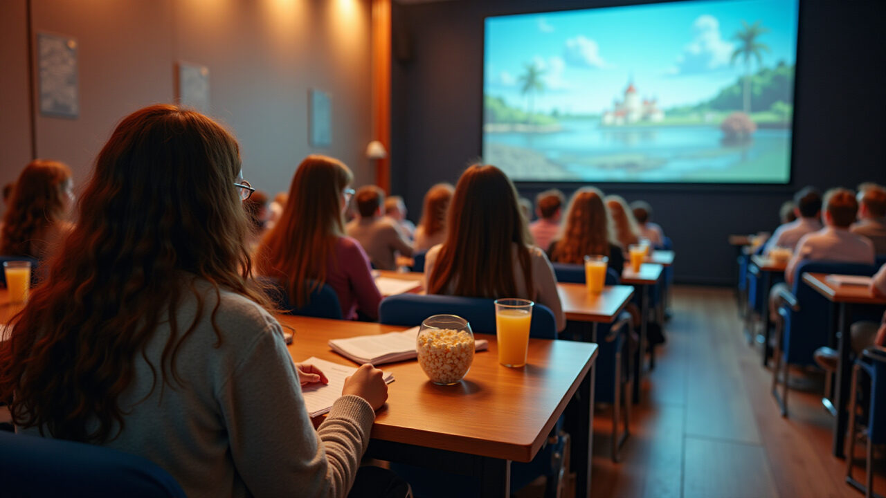 Teachers setting up a movie screening with popcorn and juice, professional photography, 8K quality, Professoras preparando sessão de cinema com pipoca para o Dia das Crianças.