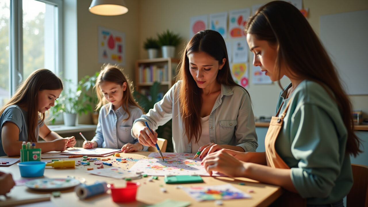 Teachers setting up an arts and crafts station with recycled materials for Children's Day, Professoras preparando oficina de artes com materiais reciclados para o Dia das Crianças.