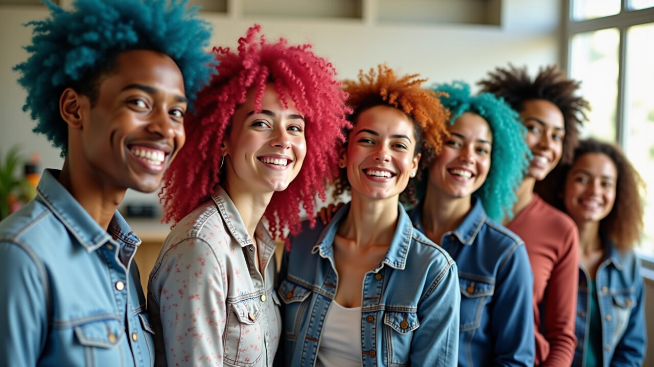 Teachers with crazy colorful hair, laughing and posing for a photo, professional photography, 8K Professoras com cabelos malucos e coloridos celebrando o Dia das Crianças.