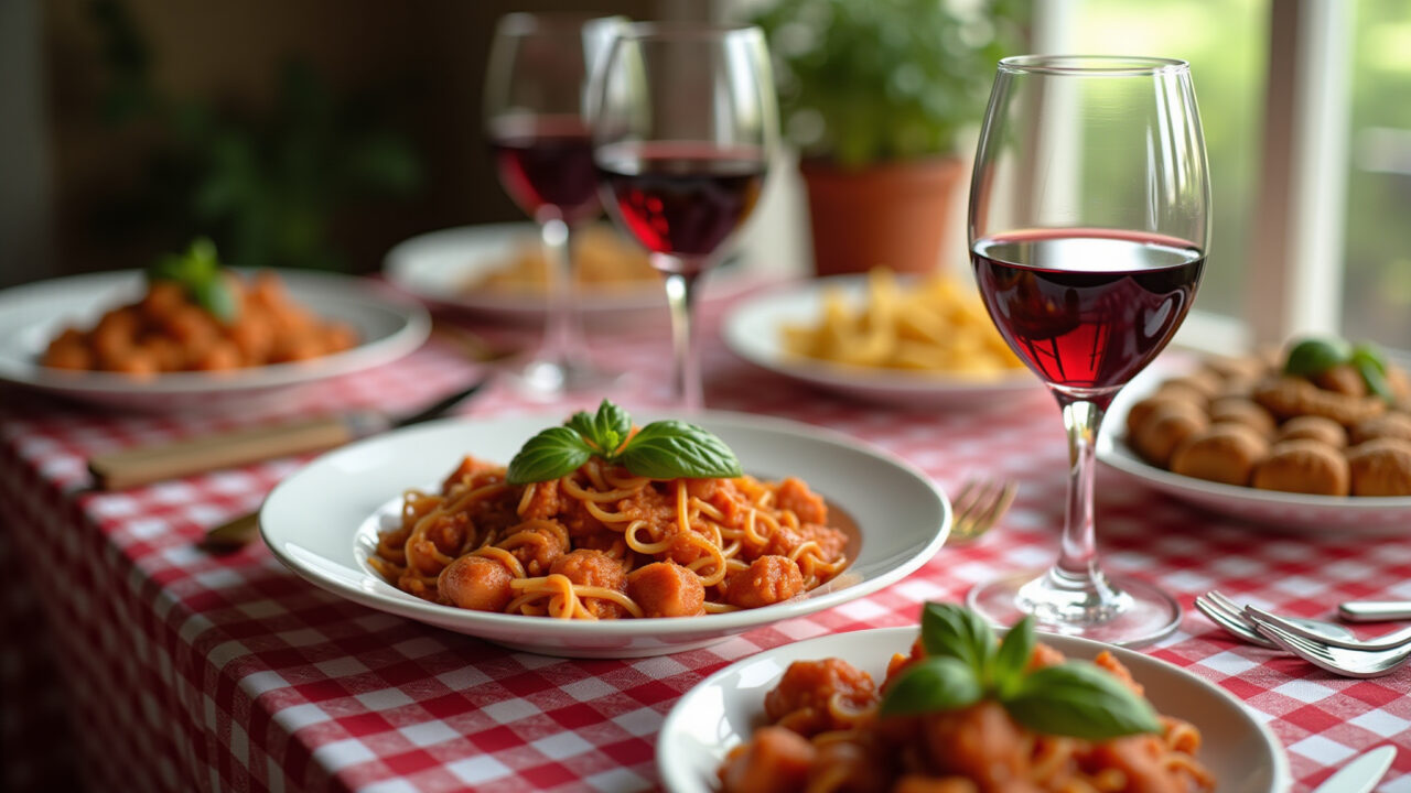 Jantar temático de aniversário estilo italiano com massas e vinho.