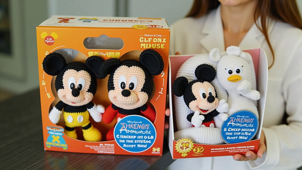 Themed packaging for character amigurumi, Mickey Mouse colors, logo, playful design, professional Embalagem temática para amigurumi de personagem.