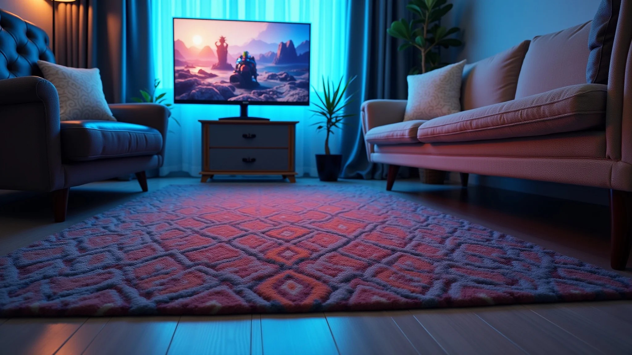 Tapete temático com padrão geométrico delimitando espaço gamer.