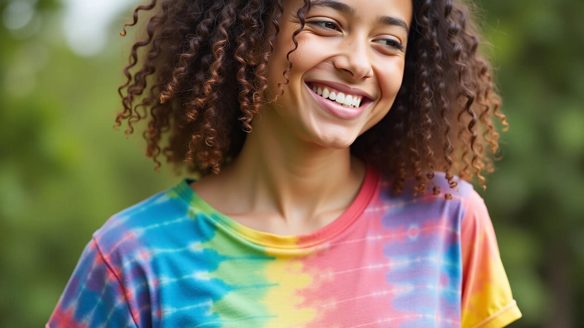 Jovem adulta sorrindo, customizando camiseta tie-dye com cores vibrantes.