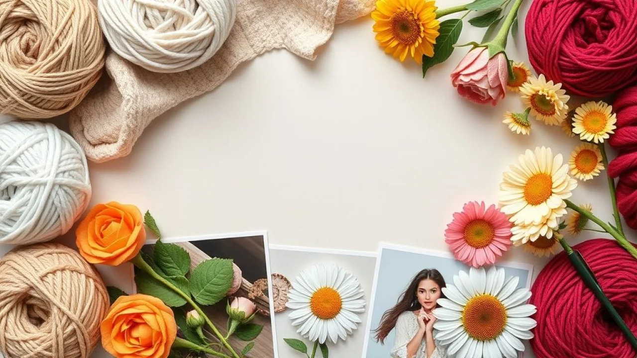 Top-down view of a color palette inspiration board for crochet projects. Featuring swatches of yarn Paleta de cores e inspiração para caminhos de mesa de crochê floral.