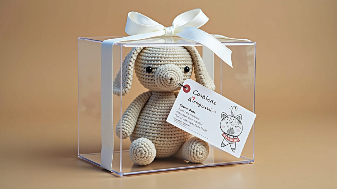 Transparent packaging for amigurumi, acetate box, ribbon, personalized tag, showcasing the Embalagem transparente para amigurumi.