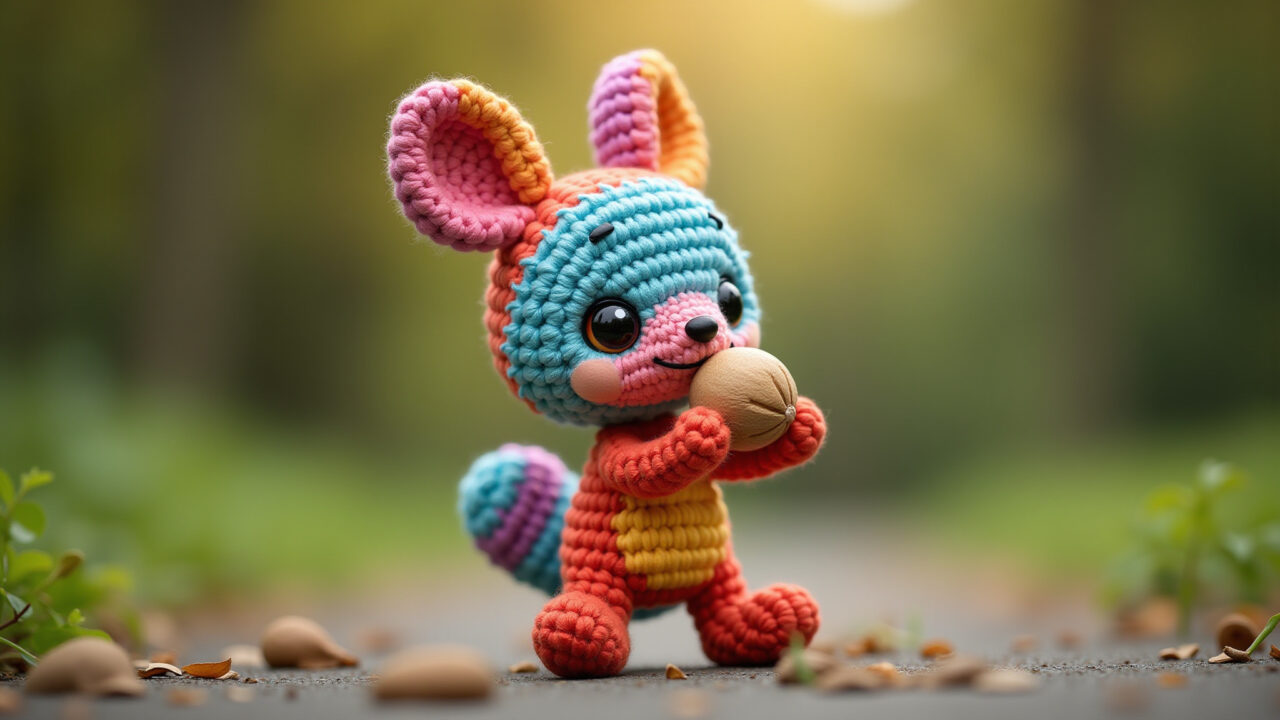 Travesso esquilo amigurumi, holding a nut, vibrant colors, playful pose, natural lighting, Amigurumi de esquilo travesso.
