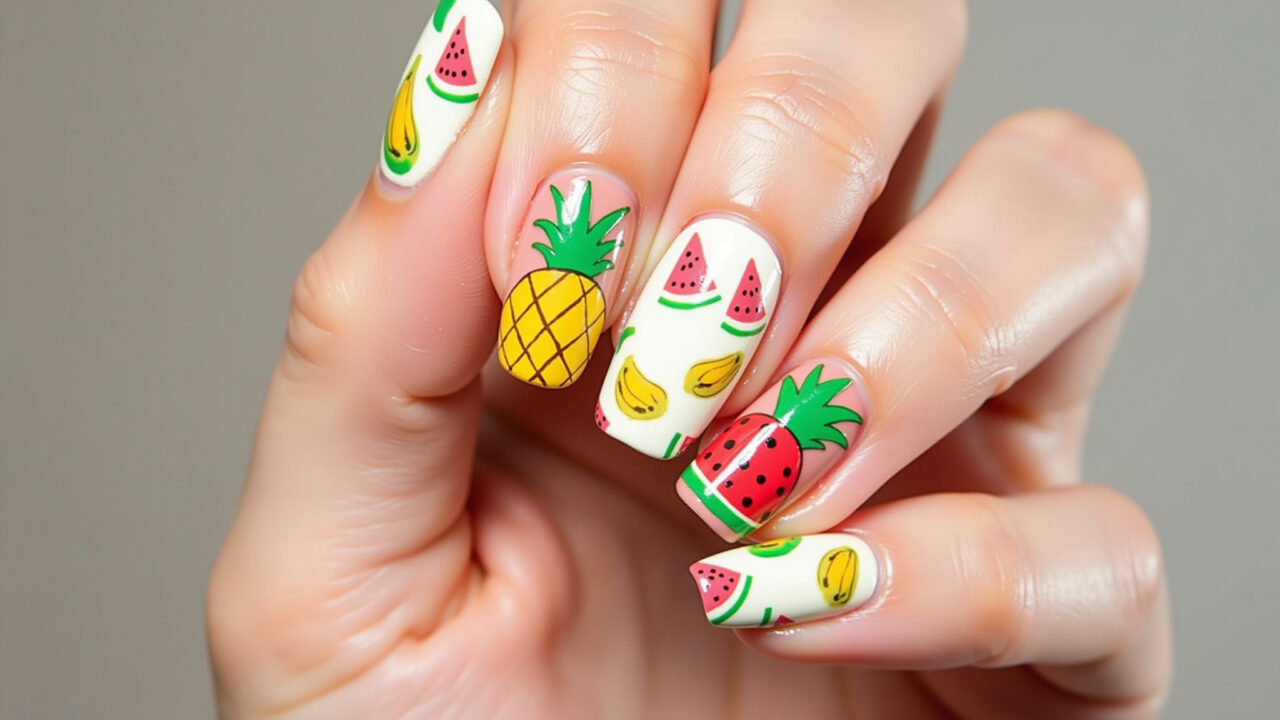 Tropical fruit nail stickers, summer 2026, pineapple, watermelon, banana, fun design, bright Adesivos de frutas tropicais: abacaxi, melancia e banana nas unhas.