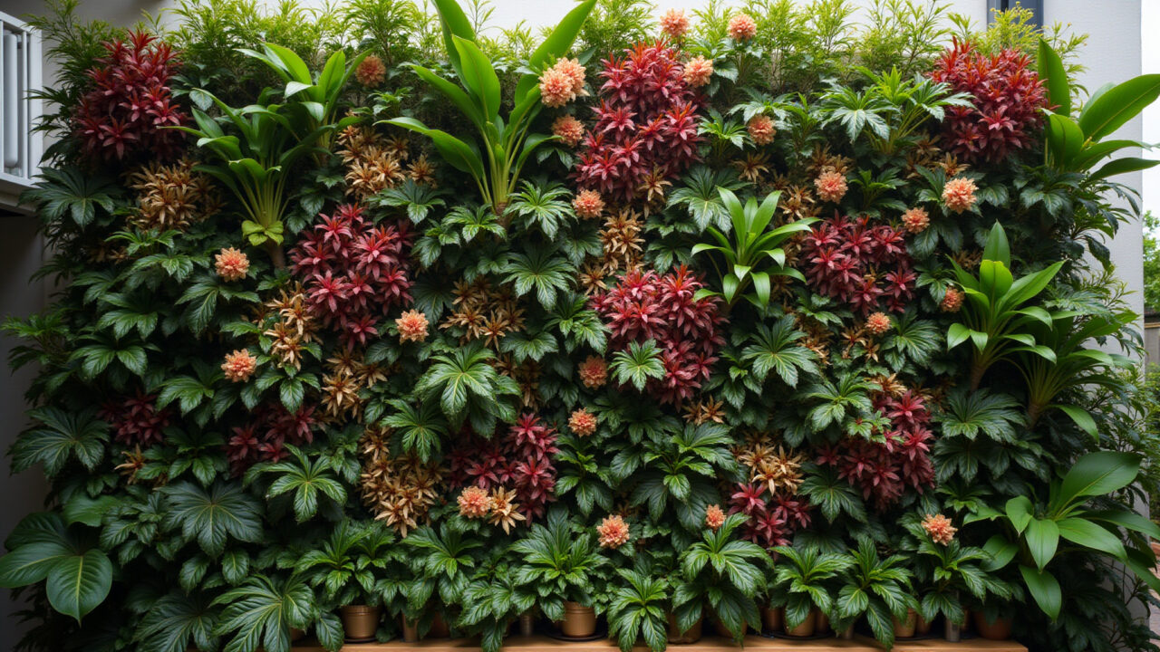 Tropical-themed double-height vertical garden with bromeliads and orchids, professional Jardim vertical tropical com bromélias e orquídeas em pé direito duplo.