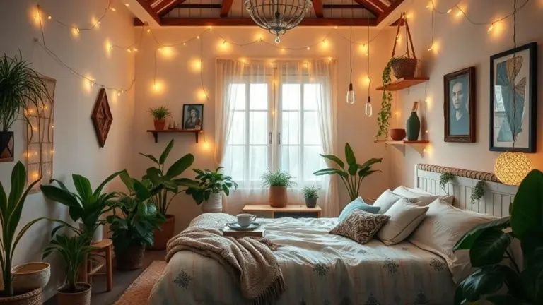Quarto Tumblr decorado com luzes, plantas e estilo brasileiro aconchegante.