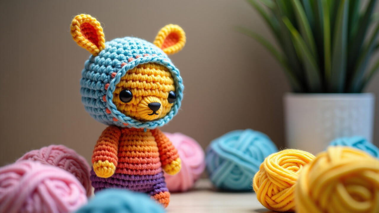 Tunisian crochet amigurumi color change, secure loop, bright yarn, professional photography, 8K, Troca de cor em crochê tunisiano.