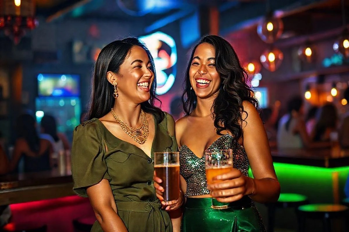 Amigas em happy hour com looks estilosos em verde militar e acessórios dourados. Moda noturna brasileira.