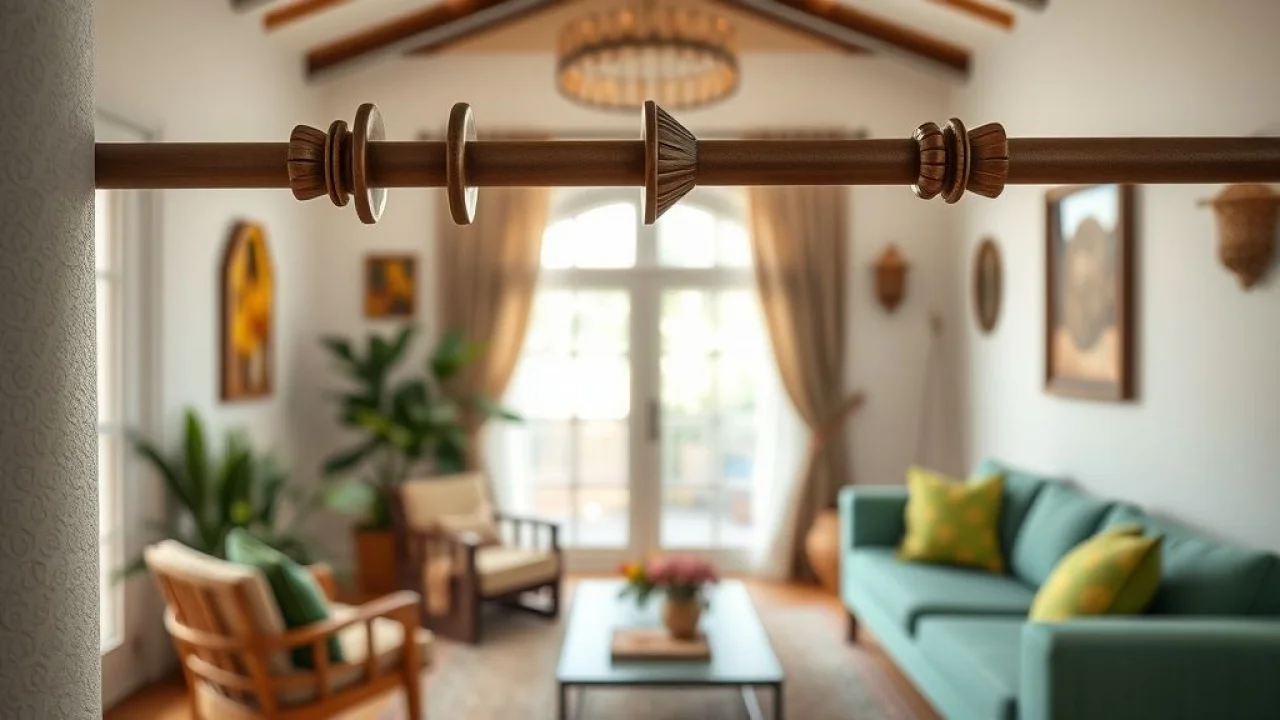 Ponteiras para Varão de Cortina: Um Detalhe Que Transforma Seu Ambiente Detalhe de ponteiras de varão de cortina em sala de estar vibrante com decoração brasileira.