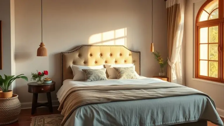 Quarto aconchegante com cabeceira estofada, design brasileiro e iluminação suave.