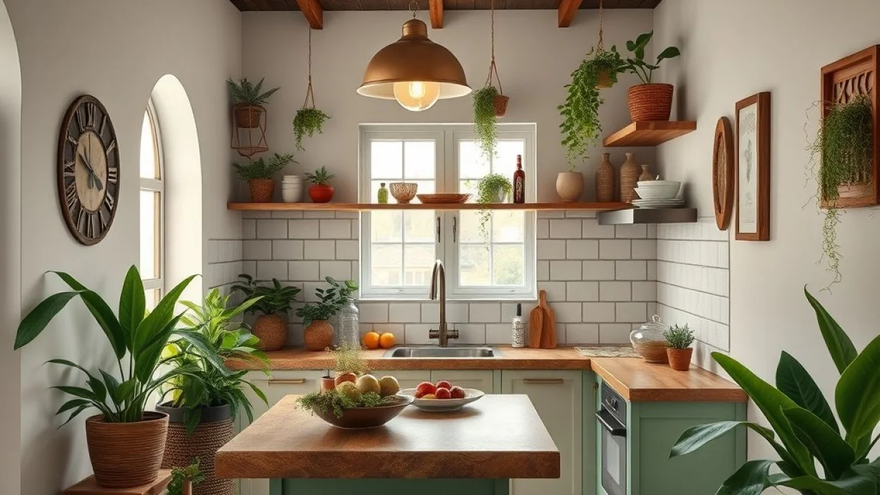 Cozinha gourmet pequena com design brasileiro, decoração colorida e iluminação vibrante.