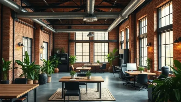 Escritório industrial vibrante com tijolos aparentes, móveis de metal, iluminação natural e decoração brasileira.