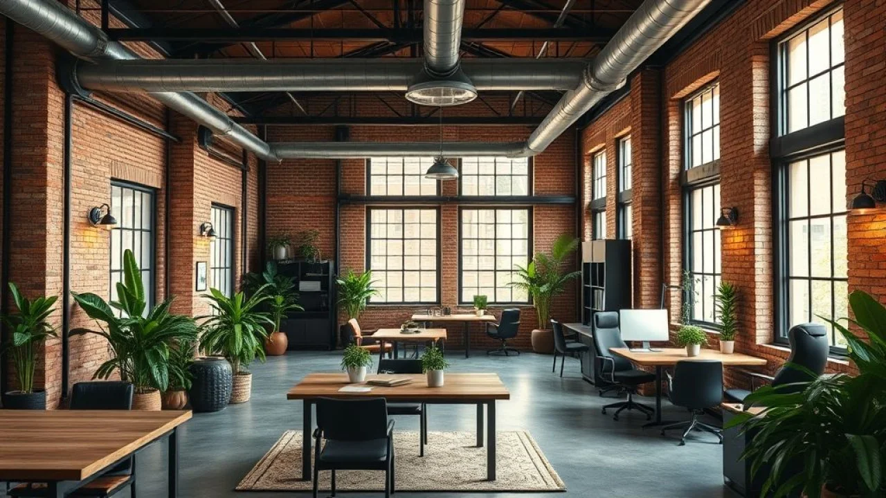 Escritório industrial vibrante com tijolos aparentes, móveis de metal, iluminação natural e decoração brasileira.