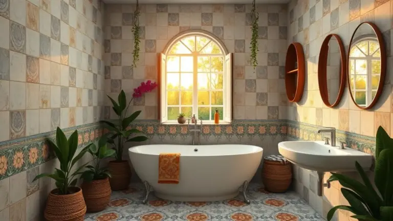 Banheiro moderno com nicho embutido decorado com azulejos coloridos e plantas, iluminação suave.