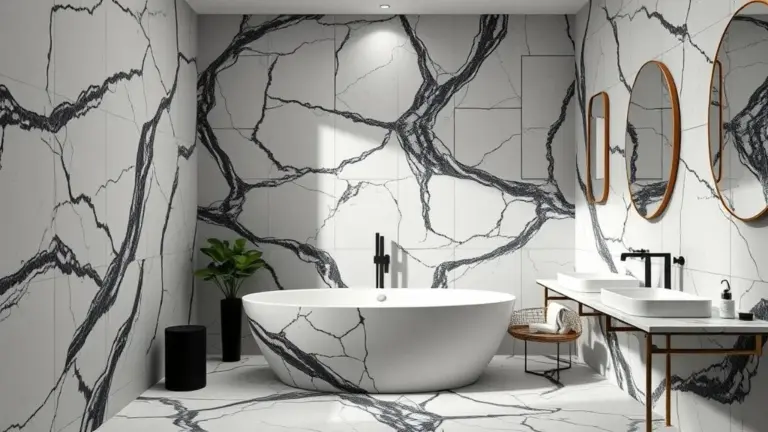 Banheiro de luxo com filete de mármore Nero Marquina e iluminação indireta.