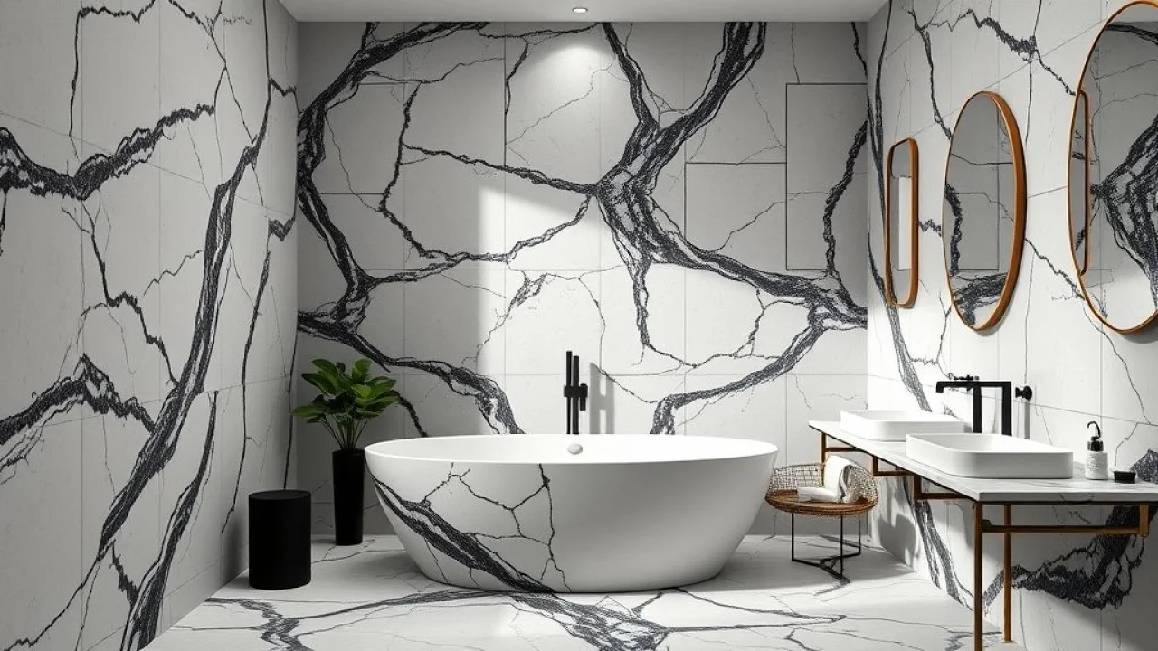 Banheiro de luxo com filete de mármore Nero Marquina e iluminação indireta.