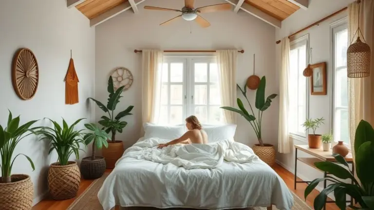 Quarto de casal aconchegante em estilo brasileiro, decor Farm Rio, com iluminação natural e plantas.