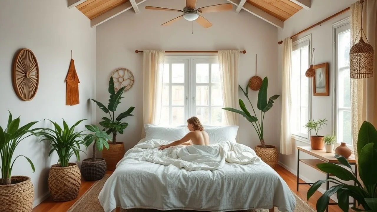 Quarto de casal aconchegante em estilo brasileiro, decor Farm Rio, com iluminação natural e plantas.