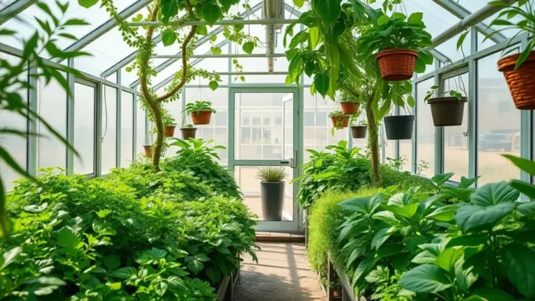 Pequena estufa de jardim vibrante com plantas exuberantes, ervas e vegetais.
