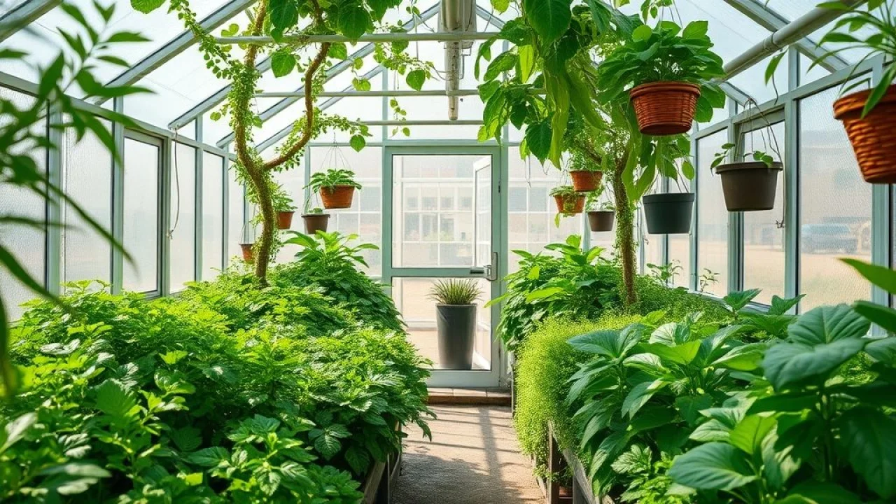 Pequena estufa de jardim vibrante com plantas exuberantes, ervas e vegetais.