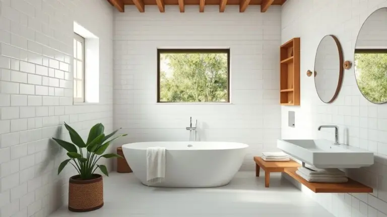 Banheiro minimalista com azulejos brancos, madeira e planta, iluminado naturalmente.
