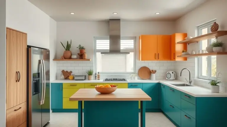 Cozinha moderna reformada em 2025 com armários coloridos e eletrodomésticos novos.