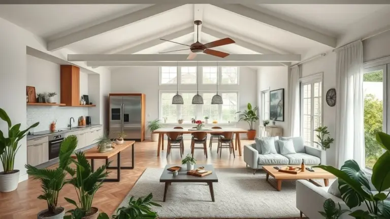 Sala conceito aberto moderna e iluminada no Brasil, com cozinha, sala de jantar e estar integradas, decoração vibrante.