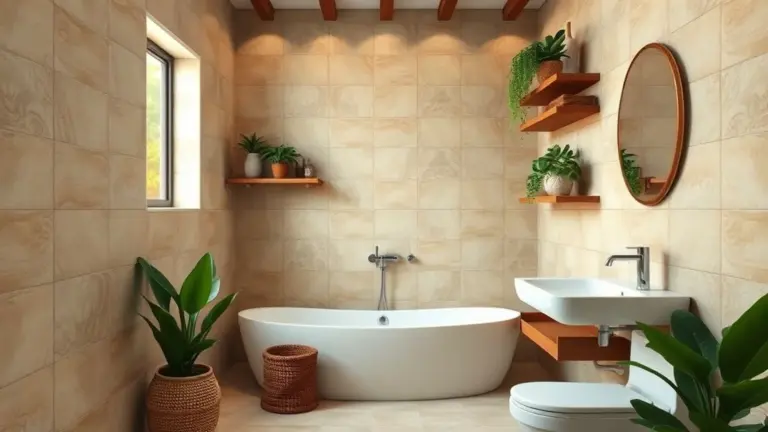 Banheiro pequeno e lindo com azulejos bege, madeira e prateleiras flutuantes.