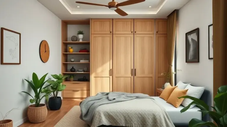 Quarto pequeno com armário embutido sob medida, design otimizado e decoração brasileira.
