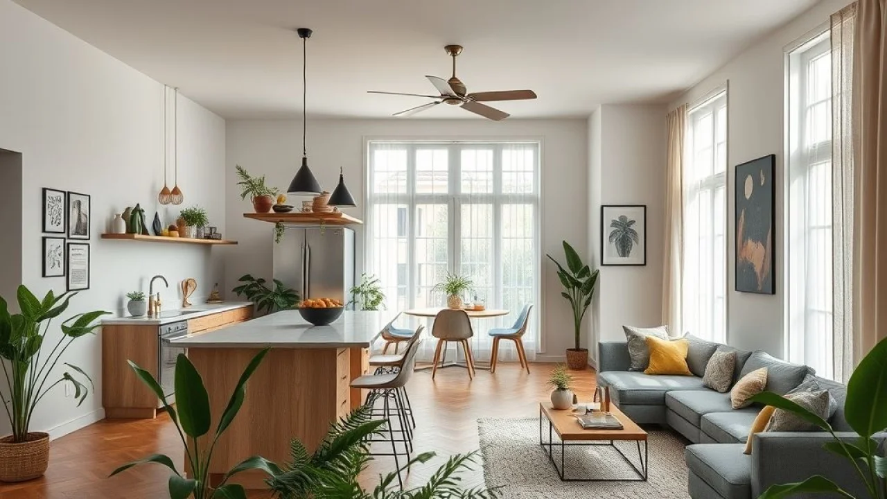 Cozinha integrada com sala, estilo Farm Rio, vibrante e moderna.