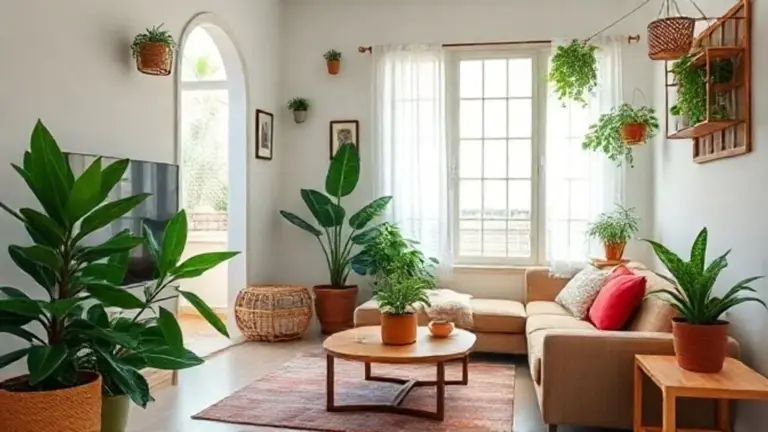 Sala pequena decorada com estilo brasileiro, colorida, organizada e com plantas, otimizando o espaço.