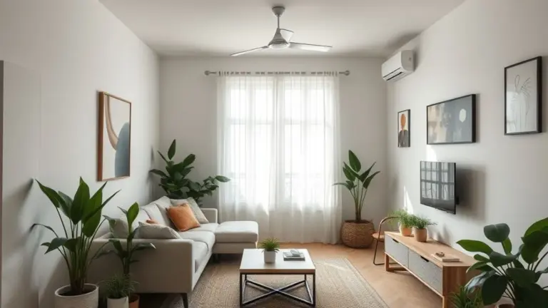 Sala minimalista e aconchegante em apartamento pequeno no Brasil, com plantas e iluminação natural.