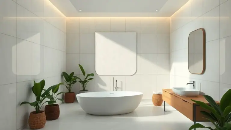 Banheiro moderno brasileiro com azulejos claros, espelho amplo e design minimalista.