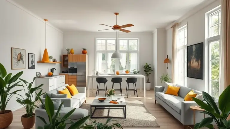 Sala de estar integrada com cozinha, design brasileiro vibrante, cores claras, plantas e iluminação natural.
