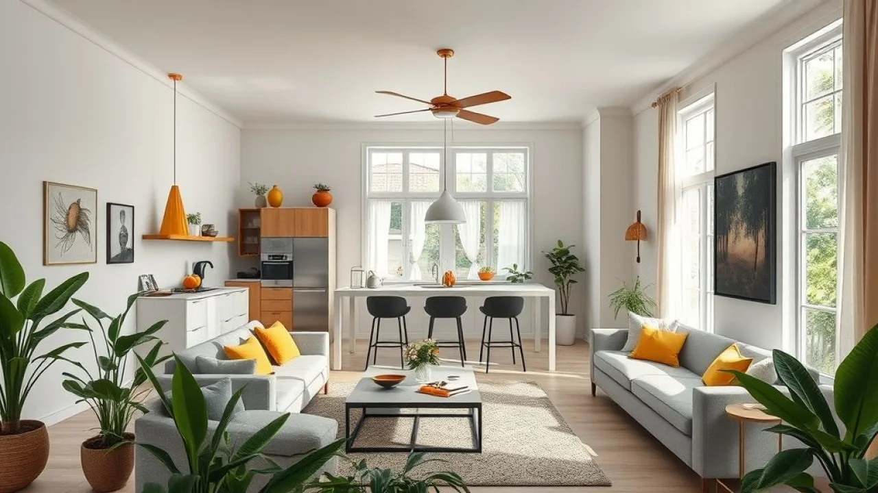 Sala de estar integrada com cozinha, design brasileiro vibrante, cores claras, plantas e iluminação natural.
