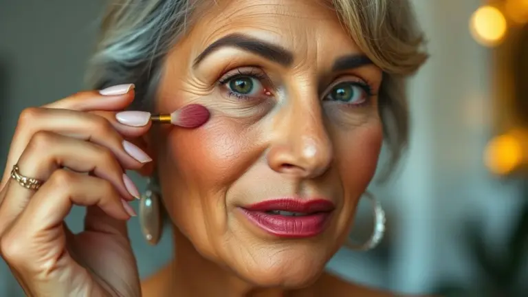 Mulher madura brasileira aplicando blush coral, maquiagem radiante, pele detalhada.