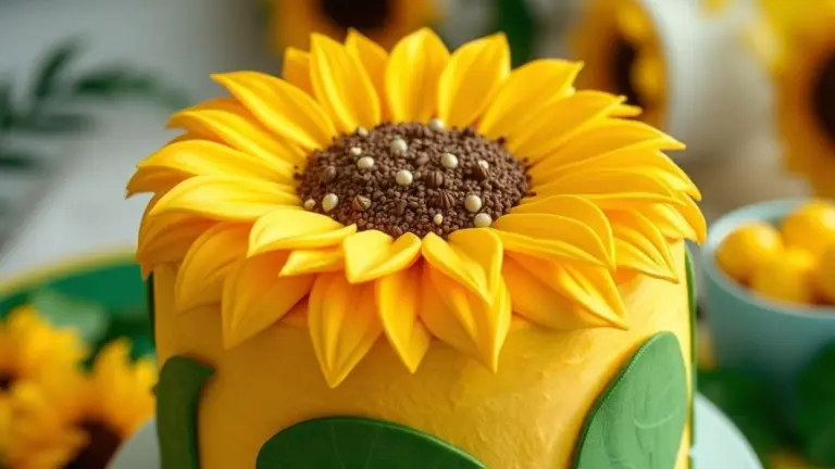 Bolo decorado com girassol vibrante, chantilly amarelo e granulado de chocolate.