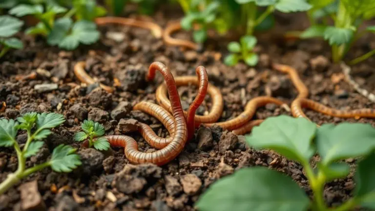 Minhocas em horta vibrante, solo rico, decomposição orgânica, luz natural.