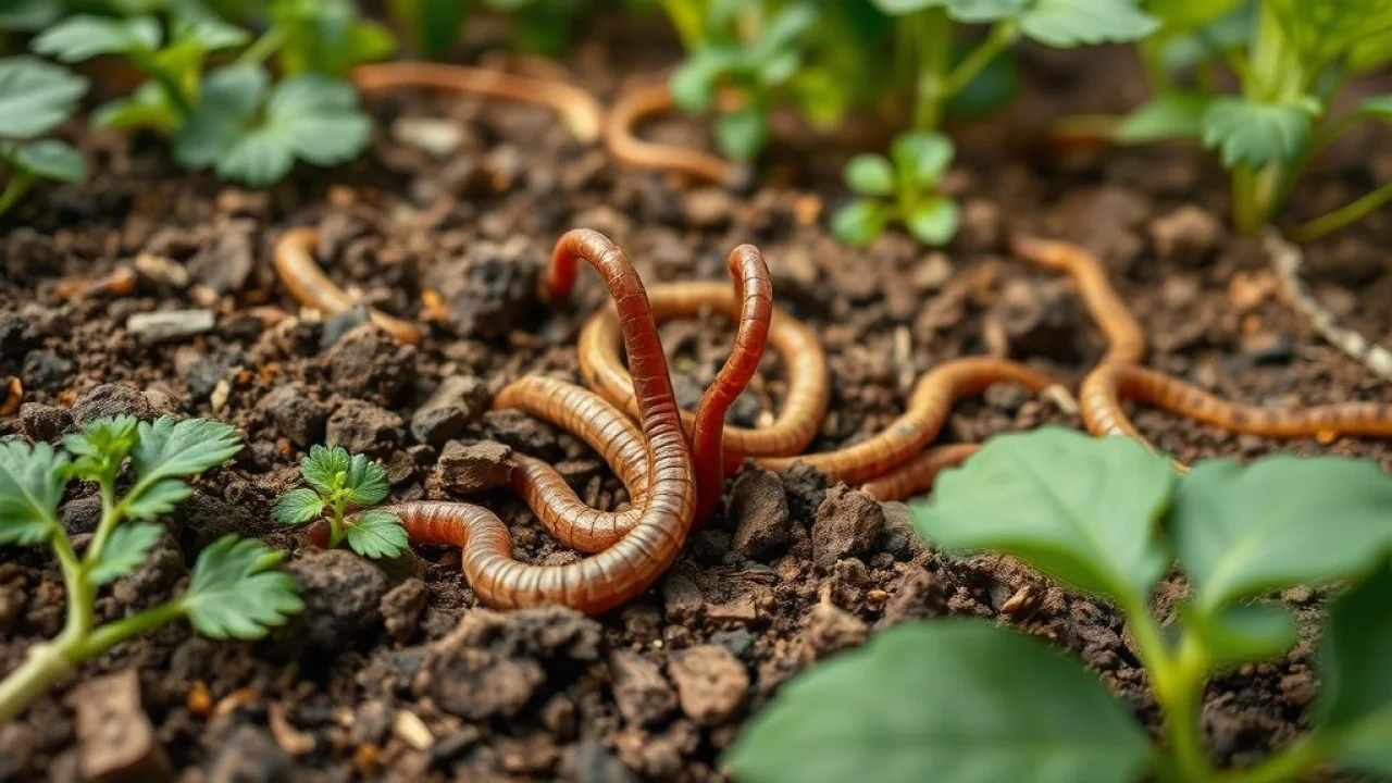 Minhocas em horta vibrante, solo rico, decomposição orgânica, luz natural.