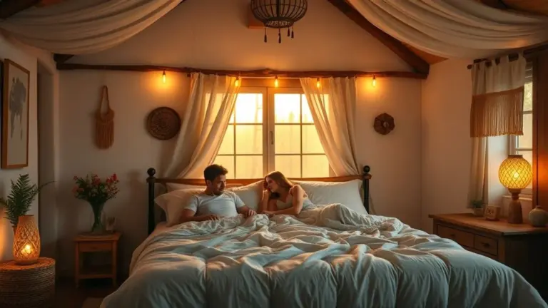 Quarto de casal aconchegante com iluminação suave, estilo Farm Rio e decoração brasileira.