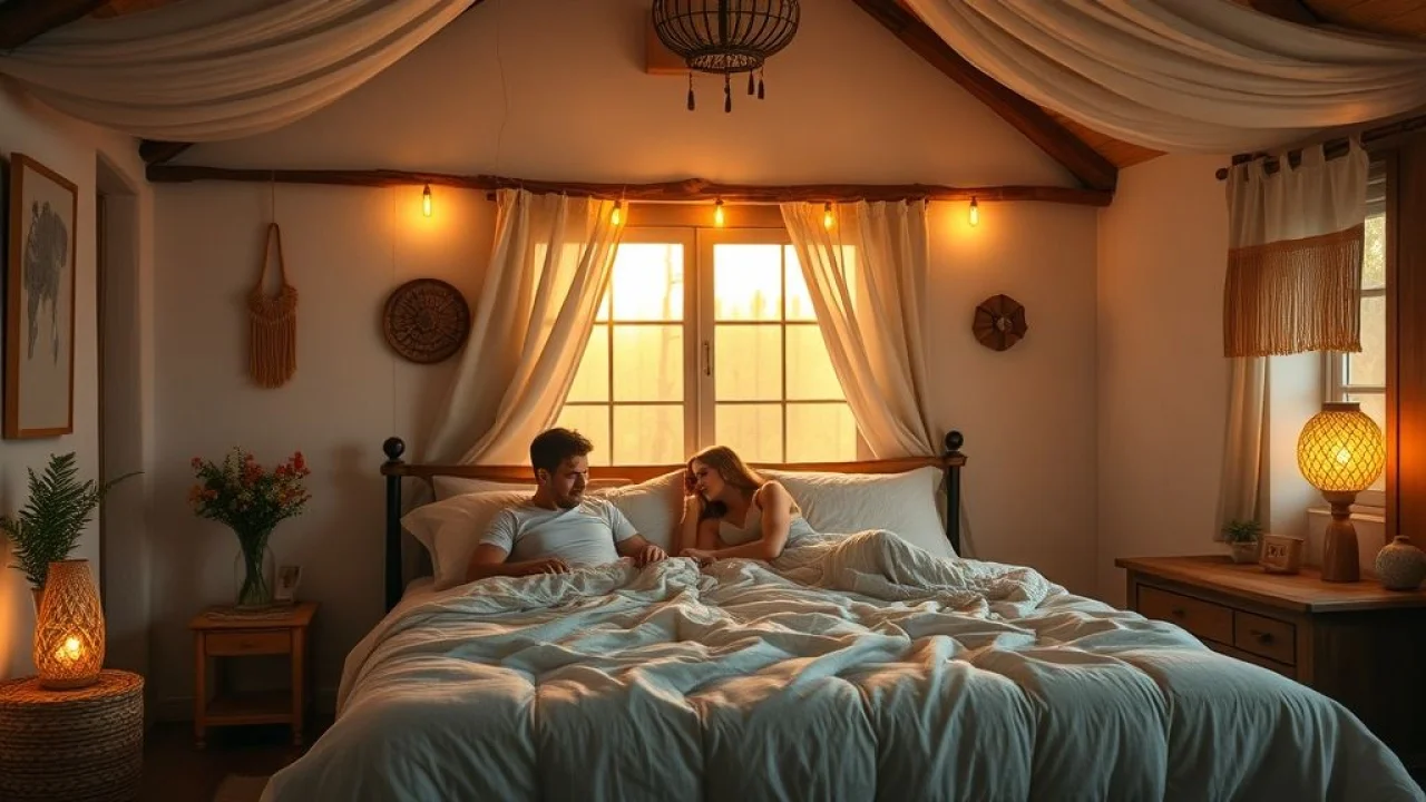 Quarto de casal aconchegante com iluminação suave, estilo Farm Rio e decoração brasileira.